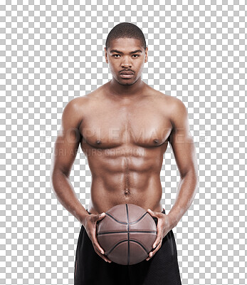 Buy stock photo Black man, ball portrait and basketball for sport, workout and fitness for a game. Topless, African male player and serious person isolated on a transparent, png background for exercise and health