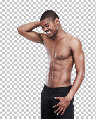 Buy stock photo Black man, fitness and happy smile with workout feeling healthy from exercise and wellness. African male person, body training and strong muscle isolated on a transparent, png background with abs