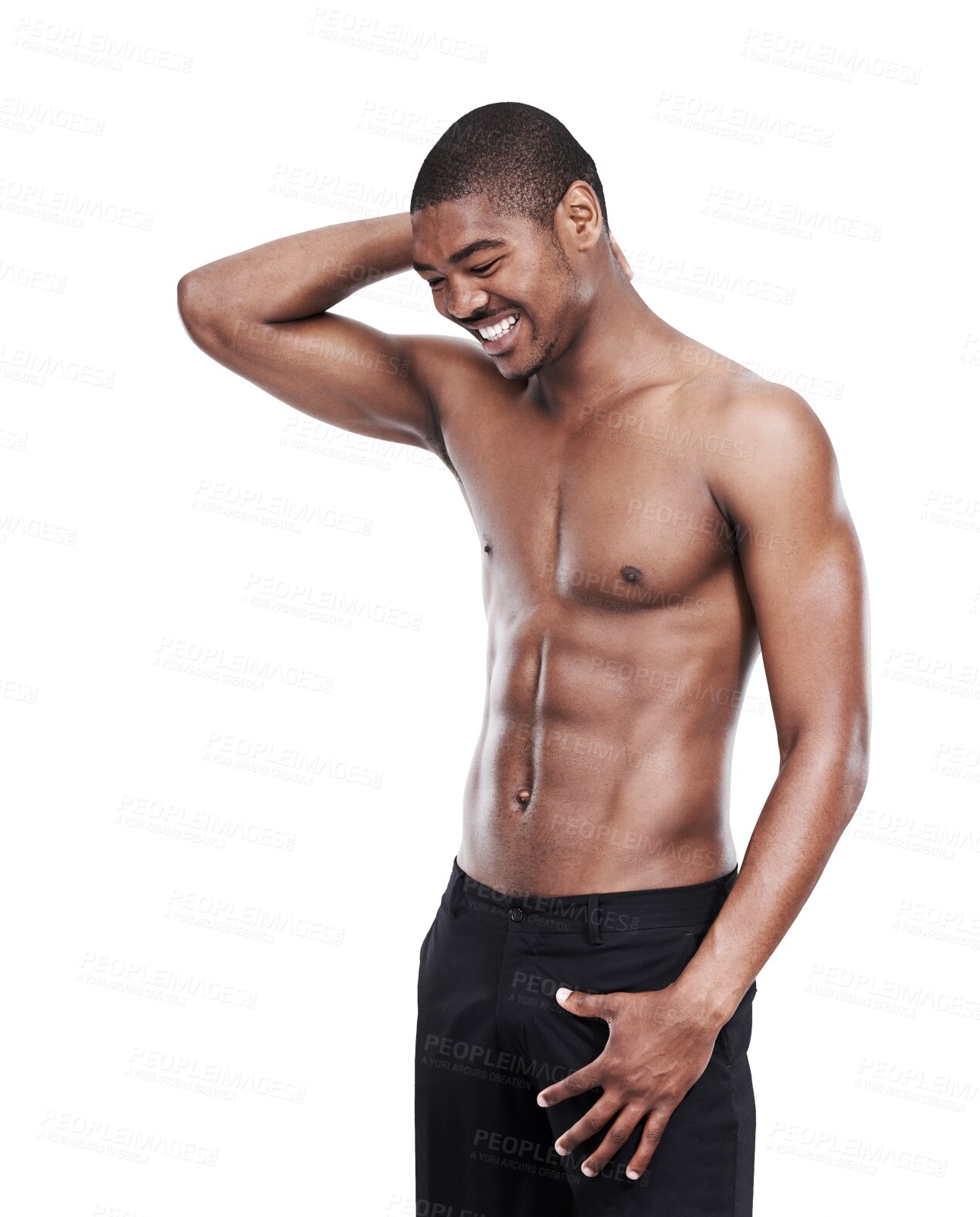 Buy stock photo Black man, fitness and happy smile with workout feeling healthy from exercise and wellness. African male person, body training and strong muscle isolated on a transparent, png background with abs