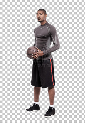 Buy stock photo Basketball exercise, sports portrait and black man, athlete or player workout, training and fitness for practice match. Healthy body, pride and African person isolated on transparent, png background