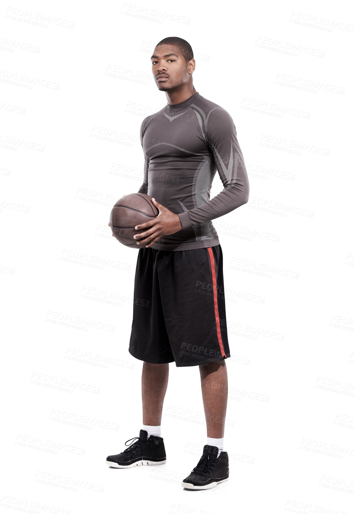 Buy stock photo Basketball exercise, sports portrait and black man, athlete or player workout, training and fitness for practice match. Healthy body, pride and African person isolated on transparent, png background