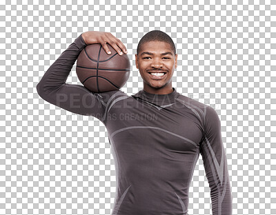 Buy stock photo Basketball player, sports portrait and happy black man workout for fitness progress, cardio practice or competition. Smile, athlete and African person isolated on transparent png background with ball