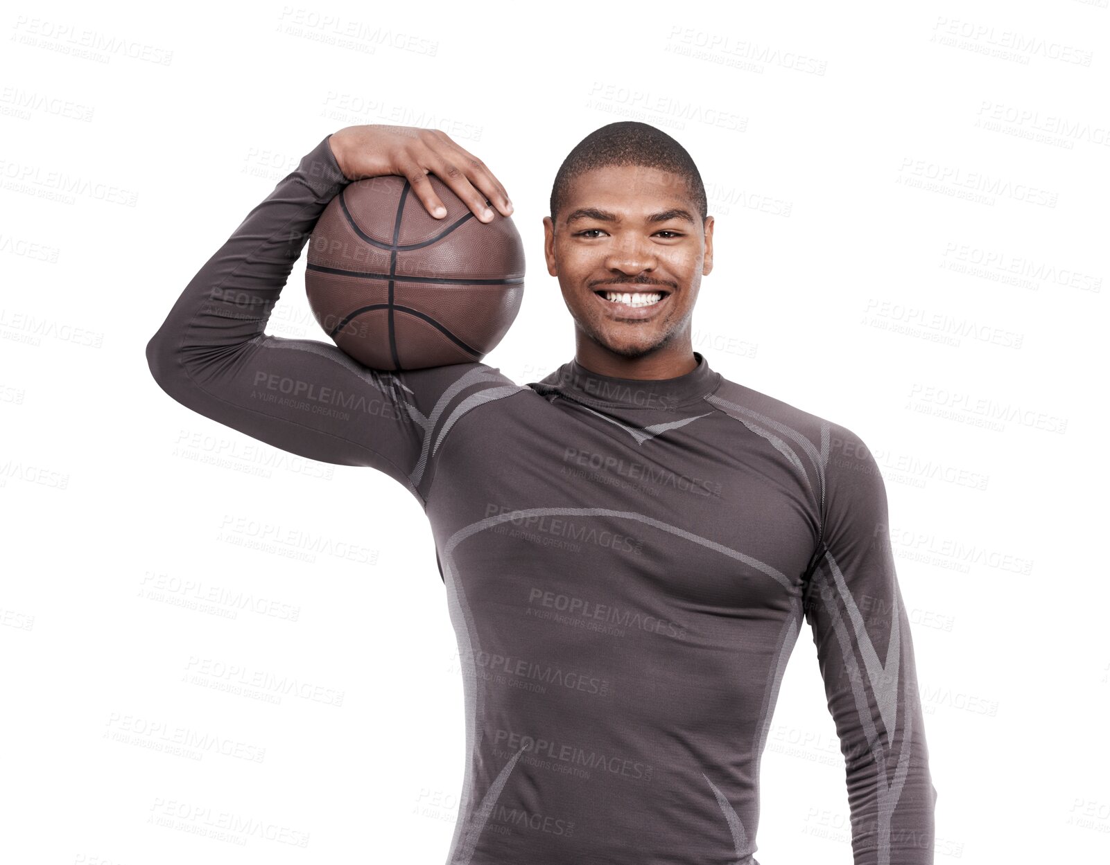 Buy stock photo Basketball player, sports portrait and happy black man workout for fitness progress, cardio practice or competition. Smile, athlete and African person isolated on transparent png background with ball