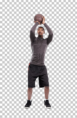 Buy stock photo Basketball player, shooting ball or black man training for workout challenge, target practice or match competition game. Focus, exercise goal or African person isolated on transparent, png background