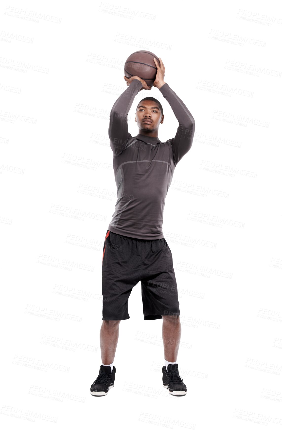 Buy stock photo Basketball player, shooting ball or black man training for workout challenge, target practice or match competition game. Focus, exercise goal or African person isolated on transparent, png background