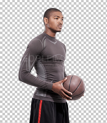 Buy stock photo Basketball, sports and black man serious, focus and determined for workout challenge, training game or fitness development. Athlete, mindset and African person isolated on transparent, png background