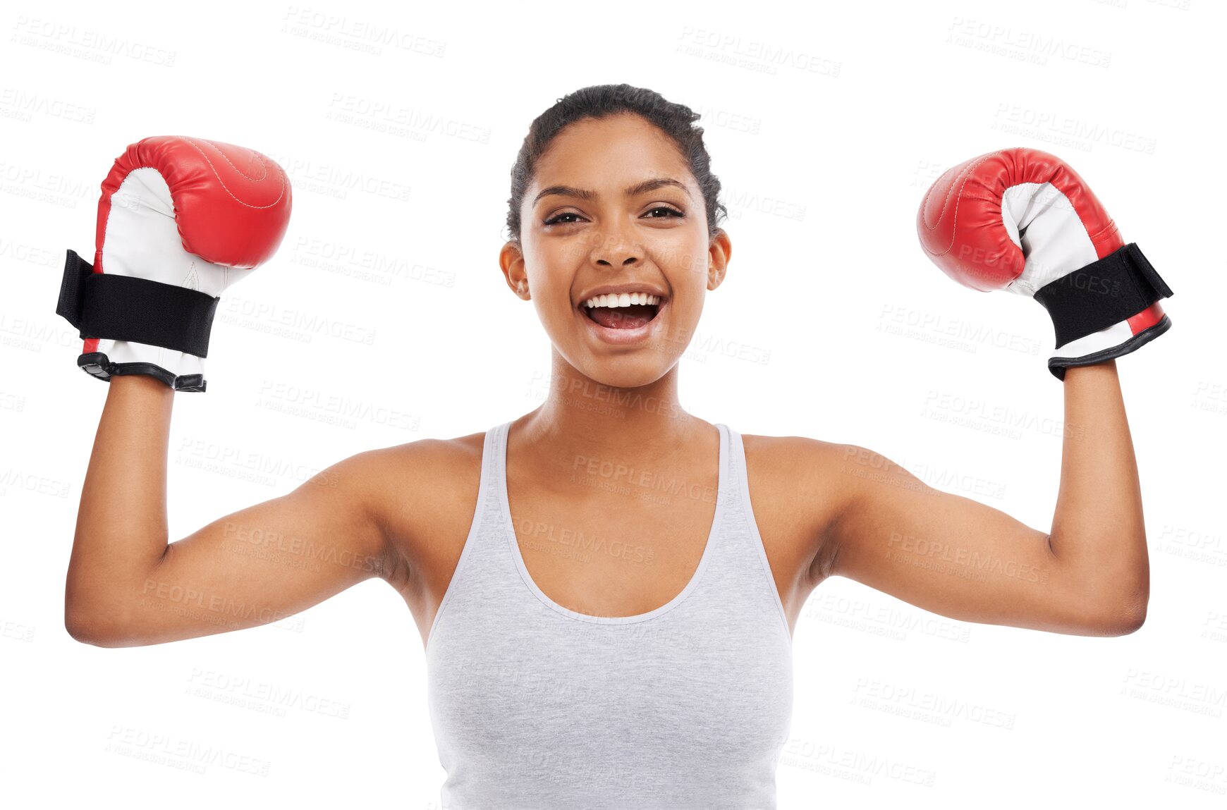 Buy stock photo Portrait, boxing gloves and woman celebrating fitness success on isolated, transparent and png background. Sports, fighter and face of female boxer with fist pump for training, goal and achievement