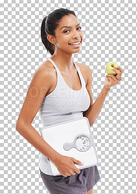 Buy stock photo Isolated woman, apple and scale in portrait for nutrition, self care or lose weight by transparent png background. Girl, model and happy with healthy fruit, natural diet or choice for vegan lifestyle