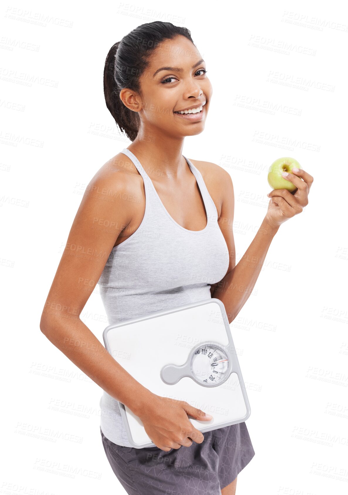 Buy stock photo Isolated woman, apple and scale in portrait for nutrition, self care or lose weight by transparent png background. Girl, model and happy with healthy fruit, natural diet or choice for vegan lifestyle