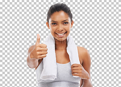 Buy stock photo Hand, portrait and happy woman with thumbs up for fitness on isolated, transparent and png background. Face, smile and female person with success finger emoji for gym, workout and training motivation