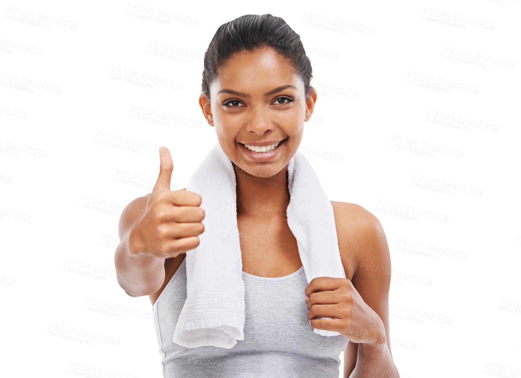 Buy stock photo Hand, portrait and happy woman with thumbs up for fitness on isolated, transparent and png background. Face, smile and female person with success finger emoji for gym, workout and training motivation