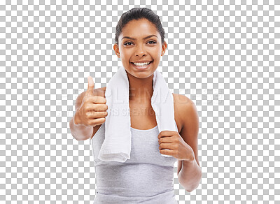 Buy stock photo Fitness, health and portrait of happy woman with thumbs up isolated on transparent png background for workout. Smile, training and female sports athlete with agreement, achievement or yes hand sign.