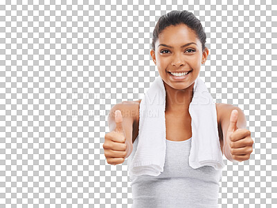 Buy stock photo Thumbs up, smile and portrait of fitness woman with towel and motivation isolated on transparent png background. Achievement, agreement and training, happy girl with health wellness and gym exercise.