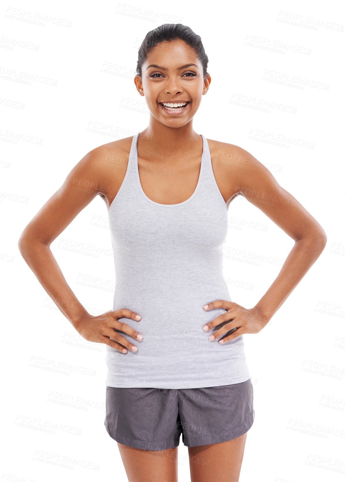 Buy stock photo Isolated young woman, portrait and sportswear with smile, health and wellness by transparent png background. Girl, model or personal trainer with clothes for exercise, training or fitness workout