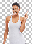 A young woman in gym clothes pointing upwards isolated on png background