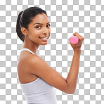 A young woman exercising with weights isolated on png background