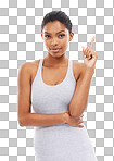 A young woman in gym clothes pointing upwards isolated on png background