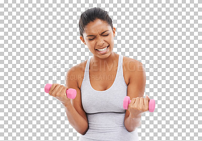 Buy stock photo Strain, dumbbells and woman with fitness, exercise and model isolated against a transparent background. Female person, girl and athlete with endurance, workout goal and progress with png and wellness