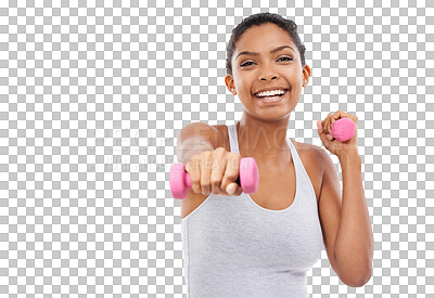 Buy stock photo Exercise, portrait and happy woman with dumbbells for fitness on isolated, transparent and png background. Face, smile and female personal trainer with weights for training, workout and Zumba routine