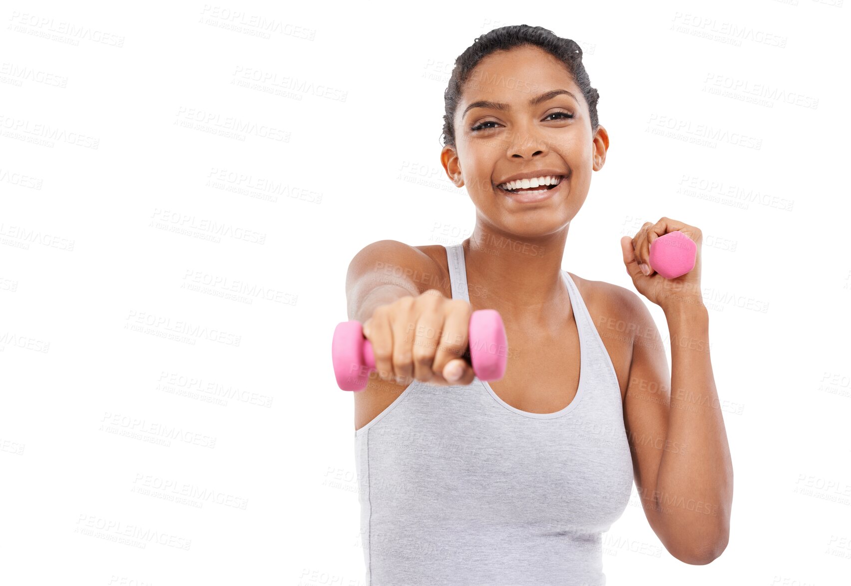 Buy stock photo Exercise, portrait and happy woman with dumbbells for fitness on isolated, transparent and png background. Face, smile and female personal trainer with weights for training, workout and Zumba routine