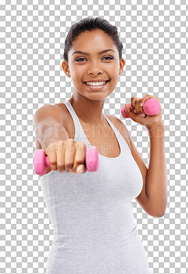 Buy stock photo Isolated woman, dumbbell and punch in portrait for fitness, self care and training by transparent png background. Girl, model and bodybuilder with weightlifting, exercise and smile for muscle growth