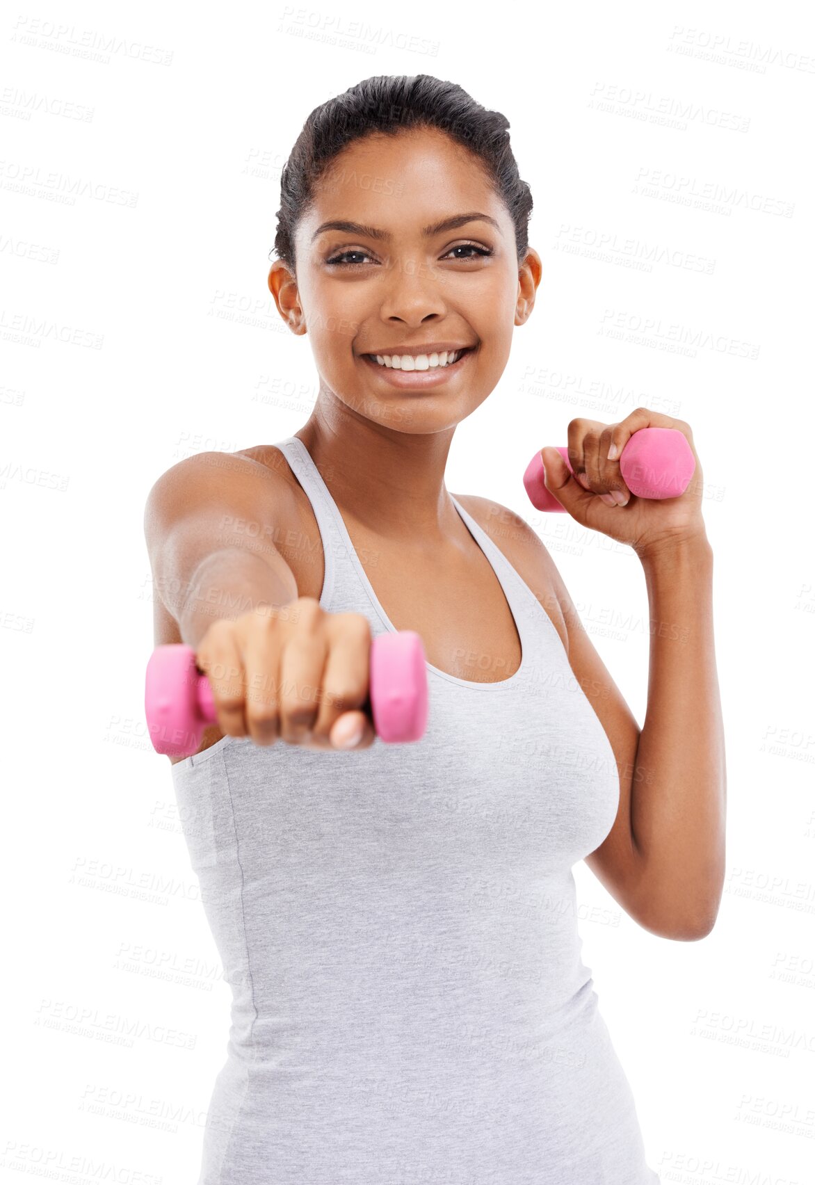 Buy stock photo Isolated woman, dumbbell and punch in portrait for fitness, self care and training by transparent png background. Girl, model and bodybuilder with weightlifting, exercise and smile for muscle growth