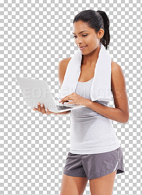 Buy stock photo Isolated woman, workout and search with laptop for fitness information, reading and transparent png background. Girl, model or personal trainer with pc for writing exercise blog, research and health