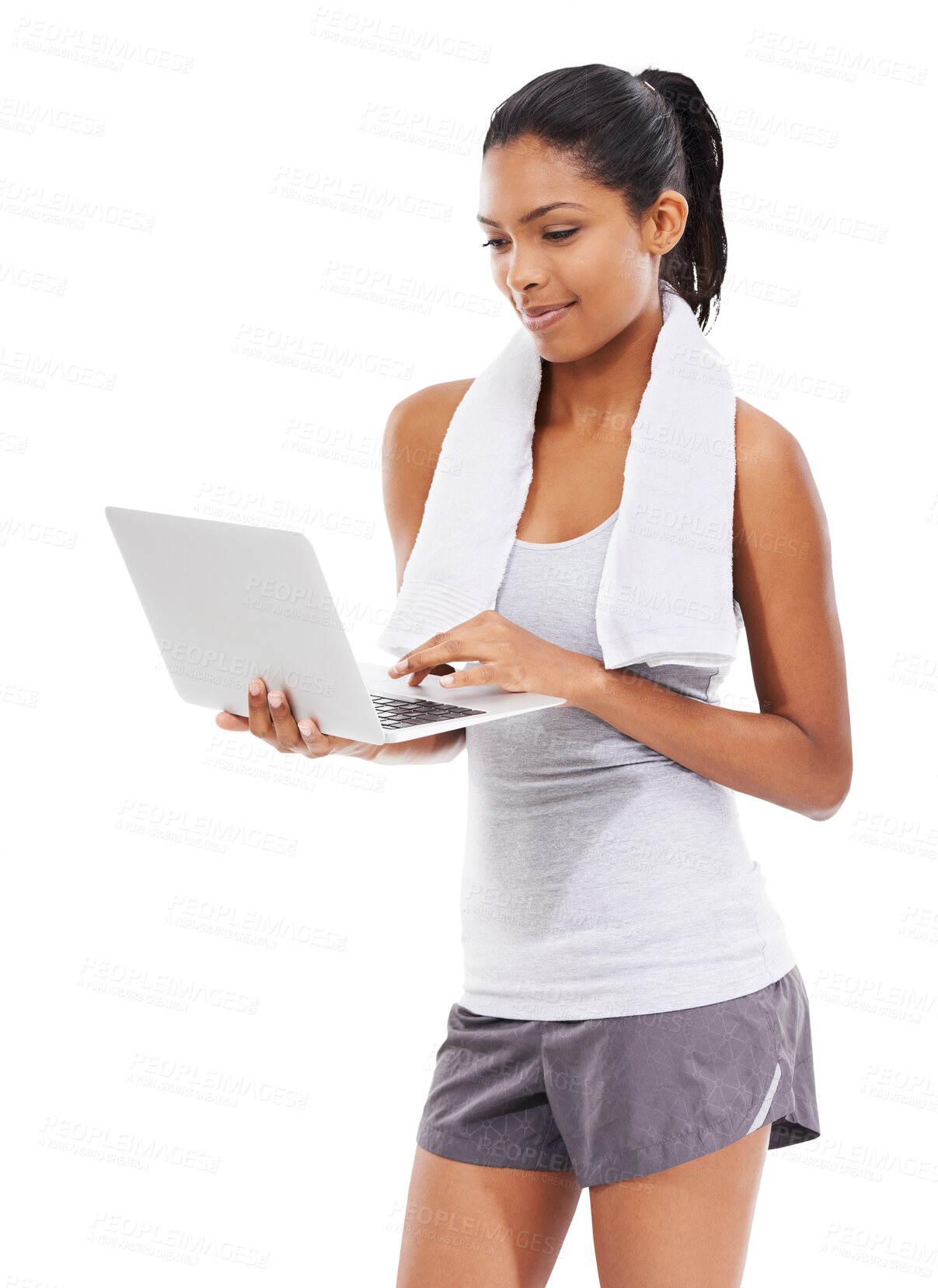 Buy stock photo Isolated woman, workout and search with laptop for fitness information, reading and transparent png background. Girl, model or personal trainer with pc for writing exercise blog, research and health