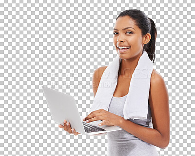 Buy stock photo Isolated woman, workout and portrait with laptop for fitness information, reading and transparent png background. Girl, model or personal trainer with pc for writing exercise blog, research or health