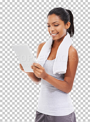 Buy stock photo Isolated young woman, tablet and fitness with smile, search and reading article by transparent png background. Girl, model and happy with touchscreen for exercise video, advice or social media app