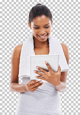 Buy stock photo Isolated young woman, tablet and exercise video with smile, search and reading article by transparent png background. Girl, model and happy with touchscreen for fitness, advice or social network app