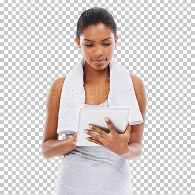 Buy stock photo Isolated young woman, tablet and workout video with focus, training or reading article by transparent png background. Girl, model and typing with touchscreen for fitness, advice or social network app