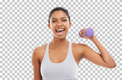 Buy stock photo Portrait, wow and woman with dumbbell for fitness, workout and power on isolated, transparent and png background.  Weights, face and female weightlifting at gym for exercise, training and resilience