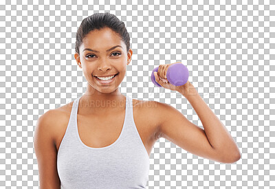 Buy stock photo Portrait, smile and woman with dumbbell for fitness, workout and power on isolated, transparent and png background.  Weights, face and female weightlifting at gym for exercise, training or cardio