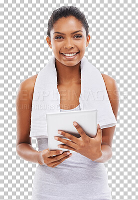 Buy stock photo Isolated woman, tablet and portrait for workout video with smile, search and wellness by transparent png background. Girl, model and happy with touchscreen for fitness, advice or social network app