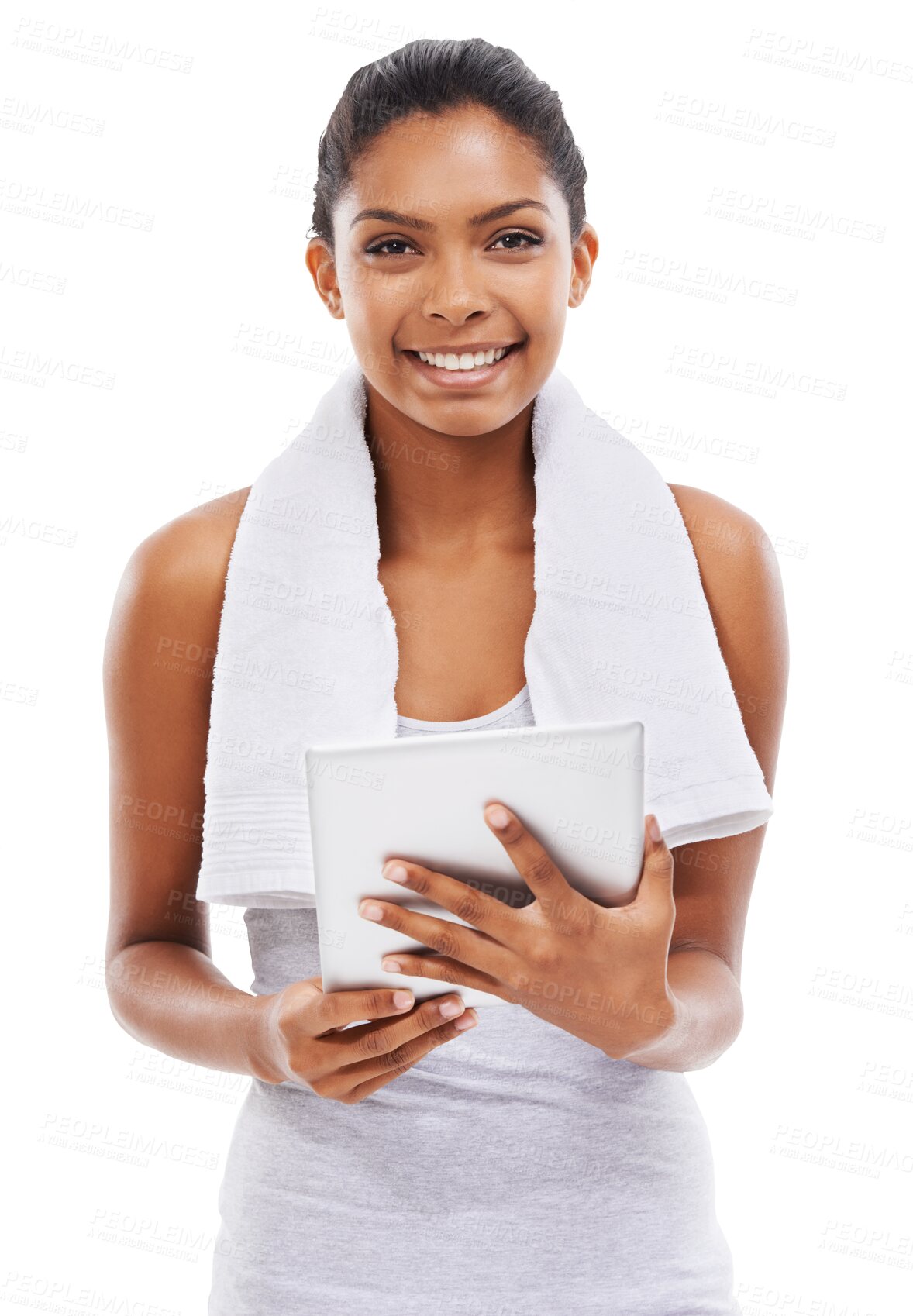 Buy stock photo Isolated woman, tablet and portrait for workout video with smile, search and wellness by transparent png background. Girl, model and happy with touchscreen for fitness, advice or social network app