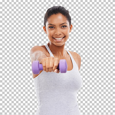 Buy stock photo Fitness, portrait and happy woman with dumbbell for exercise on isolated, transparent and png background. Face, smile and female personal trainer with weights for training, workout and weightlifting