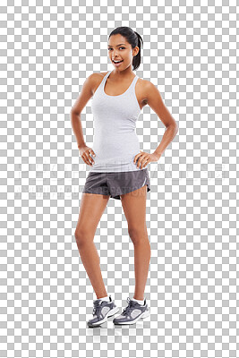 Buy stock photo Body, fitness and portrait of woman isolated on transparent png background with smile, confidence and pride. Health, wellness and sports athlete girl with happy face, exercise and confident workout.