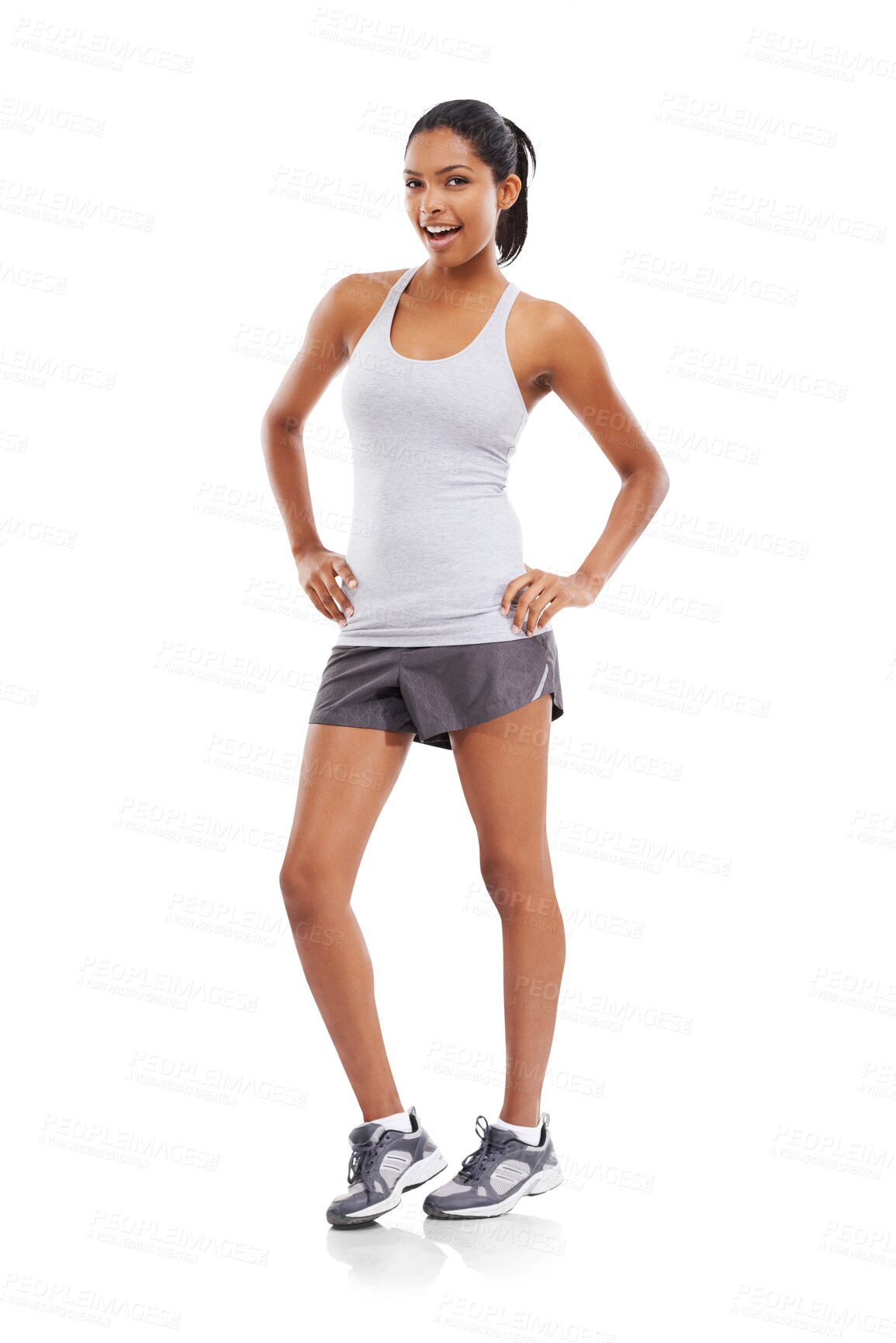 Buy stock photo Body, fitness and portrait of woman isolated on transparent png background with smile, confidence and pride. Health, wellness and sports athlete girl with happy face, exercise and confident workout.