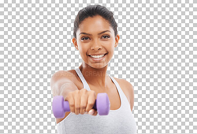 Buy stock photo Isolated woman, dumbbell and smile in portrait for fitness, self care or training by transparent png background. Girl, model and bodybuilder with weightlifting, exercise and workout for muscle growth