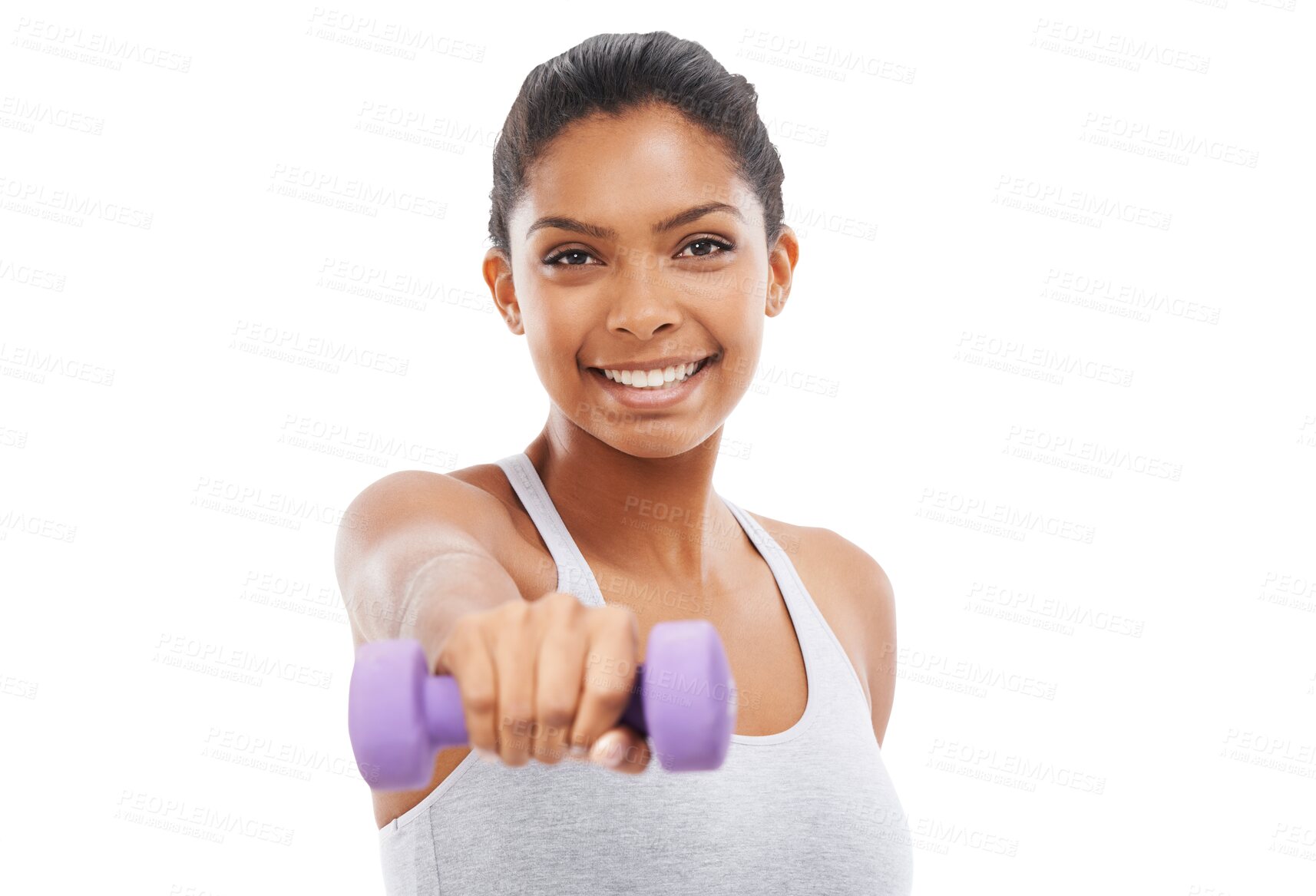 Buy stock photo Isolated woman, dumbbell and smile in portrait for fitness, self care or training by transparent png background. Girl, model and bodybuilder with weightlifting, exercise and workout for muscle growth