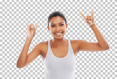 Buy stock photo Rock, portrait and woman with fitness, hand gesture and model isolated on a transparent background. Face, female person and athlete with health, heavy metal and rebel with exercise, wellness and png