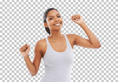 Buy stock photo Portrait, fitness and dance with a sports woman isolated on a transparent background for a healthy lifestyle. Exercise, smile and wellness workout with a happy young female athlete training on PNG