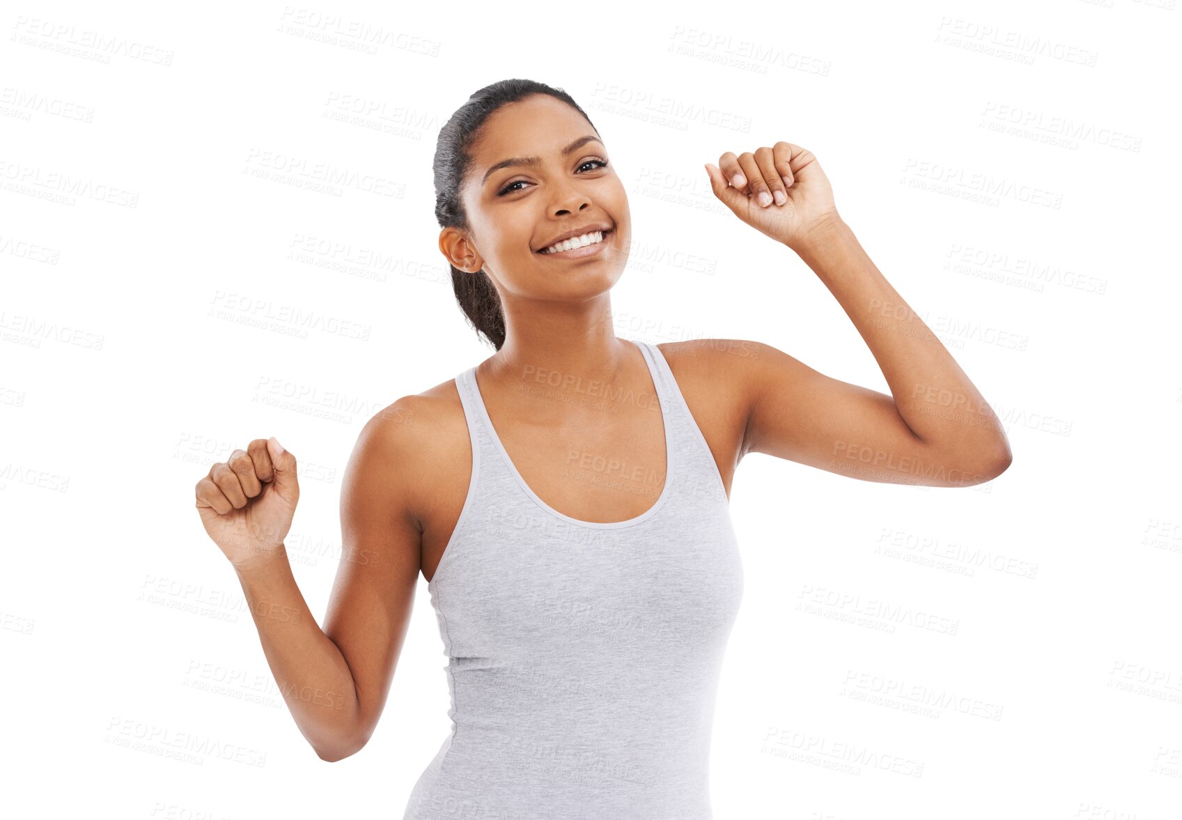 Buy stock photo Portrait, fitness and dance with a sports woman isolated on a transparent background for a healthy lifestyle. Exercise, smile and wellness workout with a happy young female athlete training on PNG