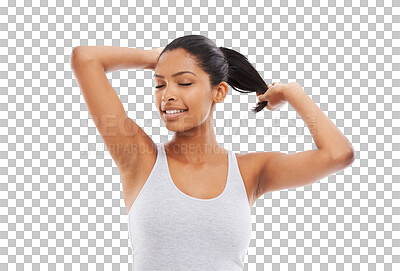 Buy stock photo Fitness, hair and a sports woman getting ready while isolated on transparent background for wellness. Exercise, health or start with a young female athlete in preparation of a training workout on PNG