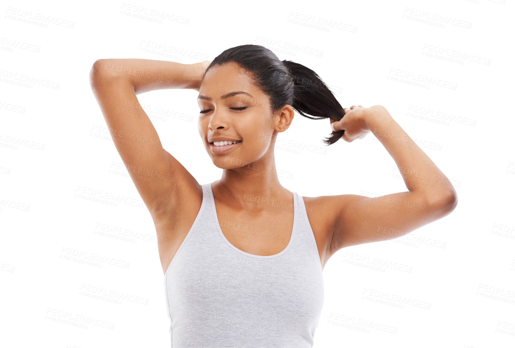 Buy stock photo Fitness, hair and a sports woman getting ready while isolated on transparent background for wellness. Exercise, health or start with a young female athlete in preparation of a training workout on PNG