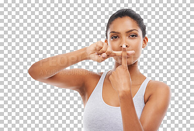 Buy stock photo Portrait, stop and woman with fitness, fingers and model isolated against a transparent background. Face, female person and athlete with exercise, wrong and png with rejection, no and workout goal