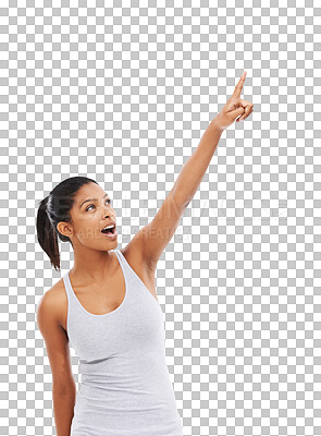 Buy stock photo Fitness, direction and woman point at sports retail offer, sales message or exercise brand promotion. Wow, athlete and person pointing at training news person isolated on transparent, png background