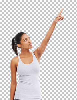 Buy stock photo Sports athlete, direction or woman point at retail offer, sales commercial or exercise brand announcement. Advertising gesture, training notification or person isolated on transparent, png background