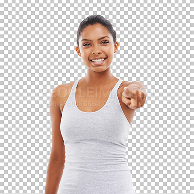 Buy stock photo Isolated woman, pointing and you for exercise, portrait or gym recruitment by transparent png background. Girl, model or personal trainer with smile for choice, selection or sign for fitness decision